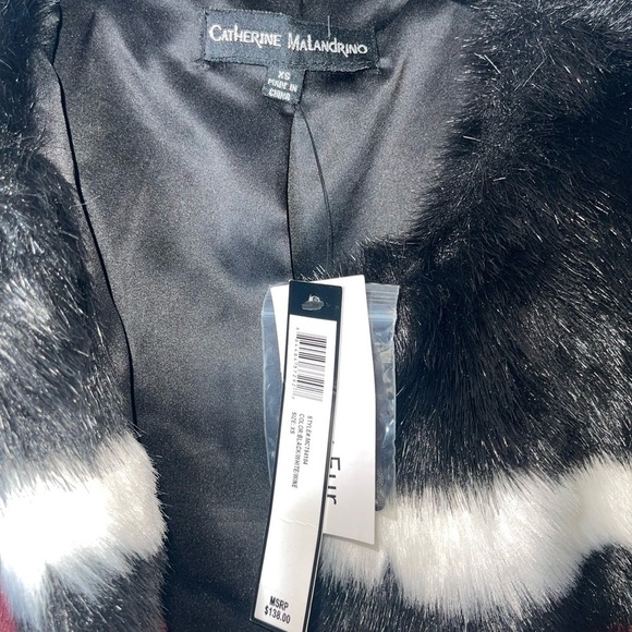 NWT CATHERINE MALANDRINO Black Burgundy Color Block Faux Fur Bomber Jacket Sz XS - Picture 8 of 8